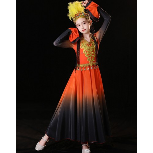 Orange gradient Xinjiang dance Dresses for girls kids minority Uyghur Xinjiang dance costumes feather headdress Uyghur dance clothes for girls